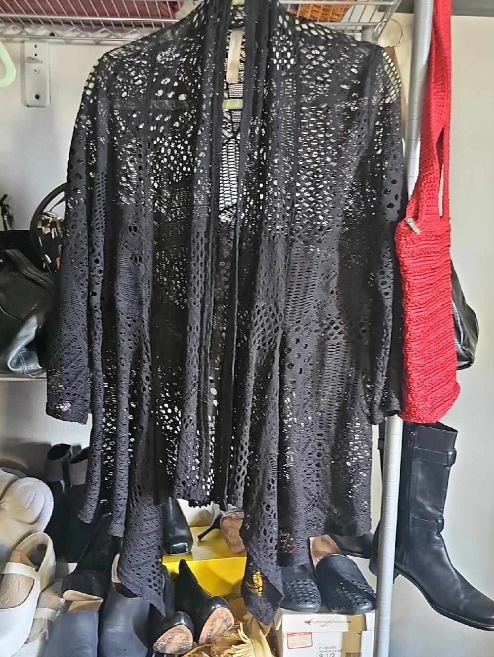 Black Lace Knit Open Cardigan - Women